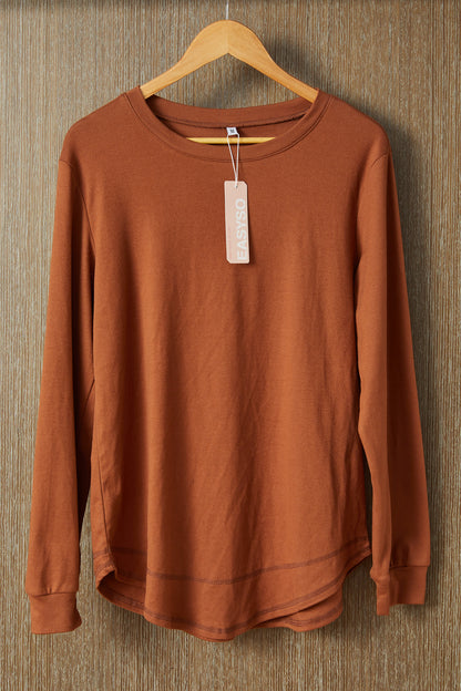 EASYSO Travel-Ready Curved Hem Pullover – Buttery Soft Peach-Skin Crewneck Lounge Top