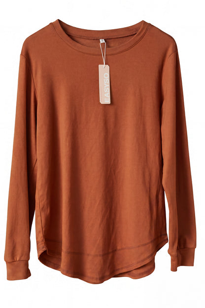 EASYSO Travel-Ready Curved Hem Pullover – Buttery Soft Peach-Skin Crewneck Lounge Top