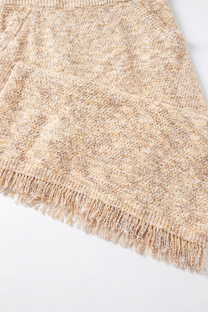 EASYSO Cozy Bouclé Knit Fringe Skirt – Oatmeal Melange Tassel Midi Skirt with Pockets