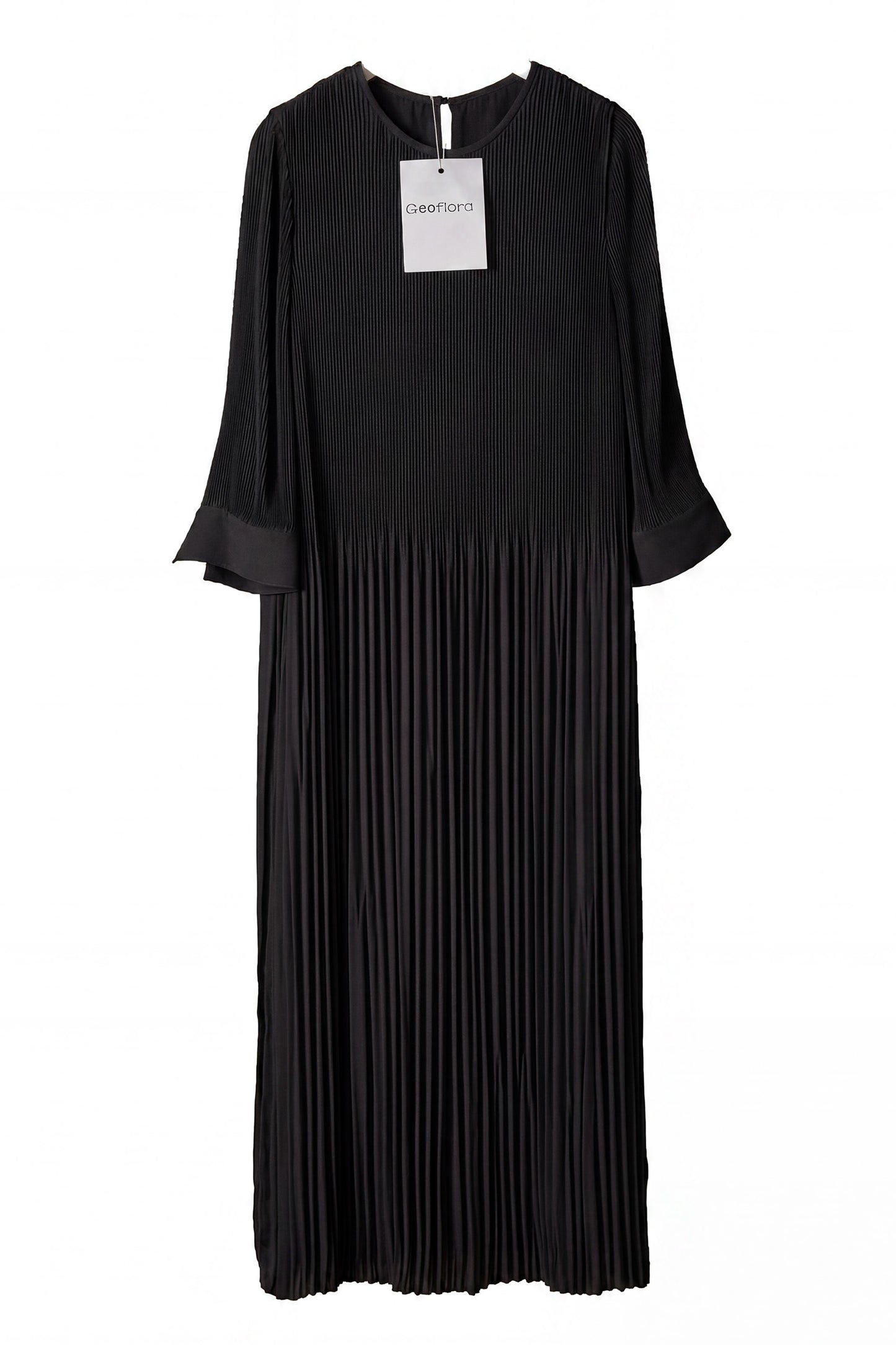 Geoflora Black Round Neck 3/4 Sleeve Pleated Maxi Dress
