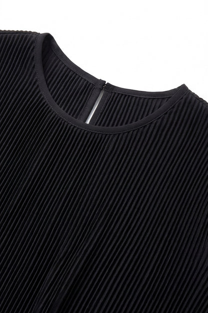 Geoflora Black Round Neck 3/4 Sleeve Pleated Maxi Dress