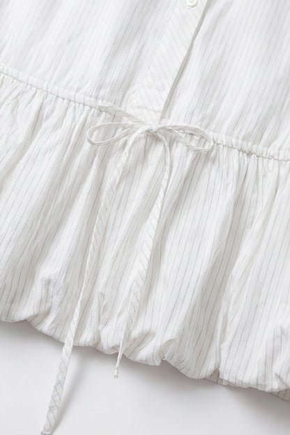 Geoflora White Sleeveless Peplum Blouse with Navy Collar - Casual Button-Down Drawstring Waist Top