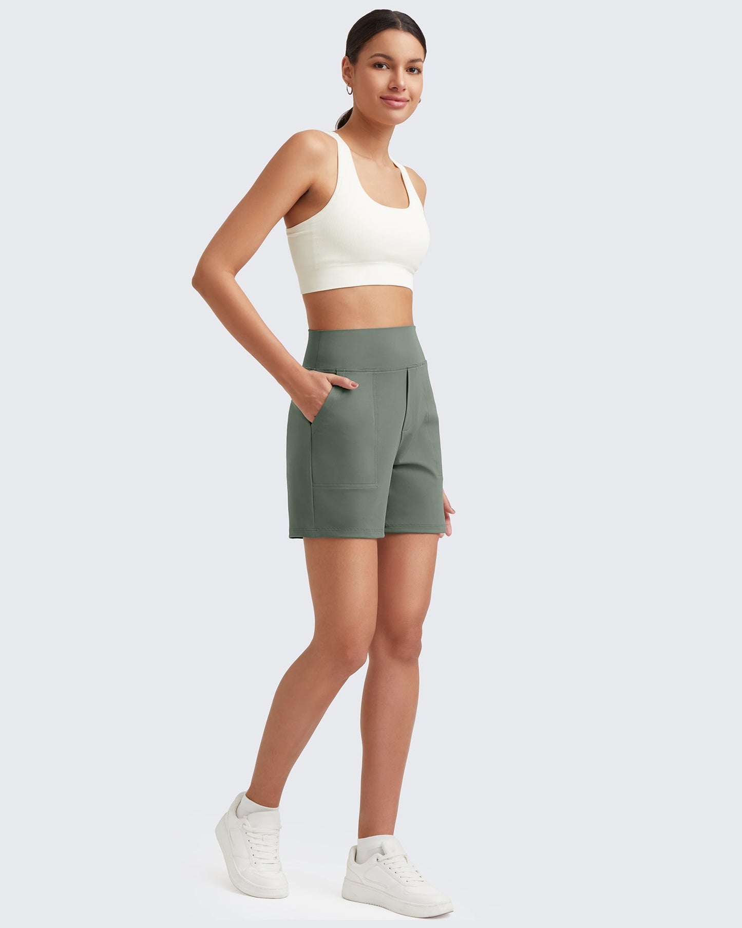 G4FREE High-Waist Burmuda Athletic Shorts 5 #grey-sage