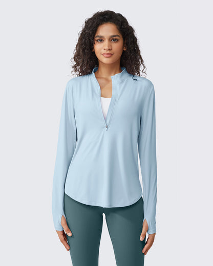 G4Free Activewear Quick Dry High Neck Sun Half Zip Workout Tops # Light blue
