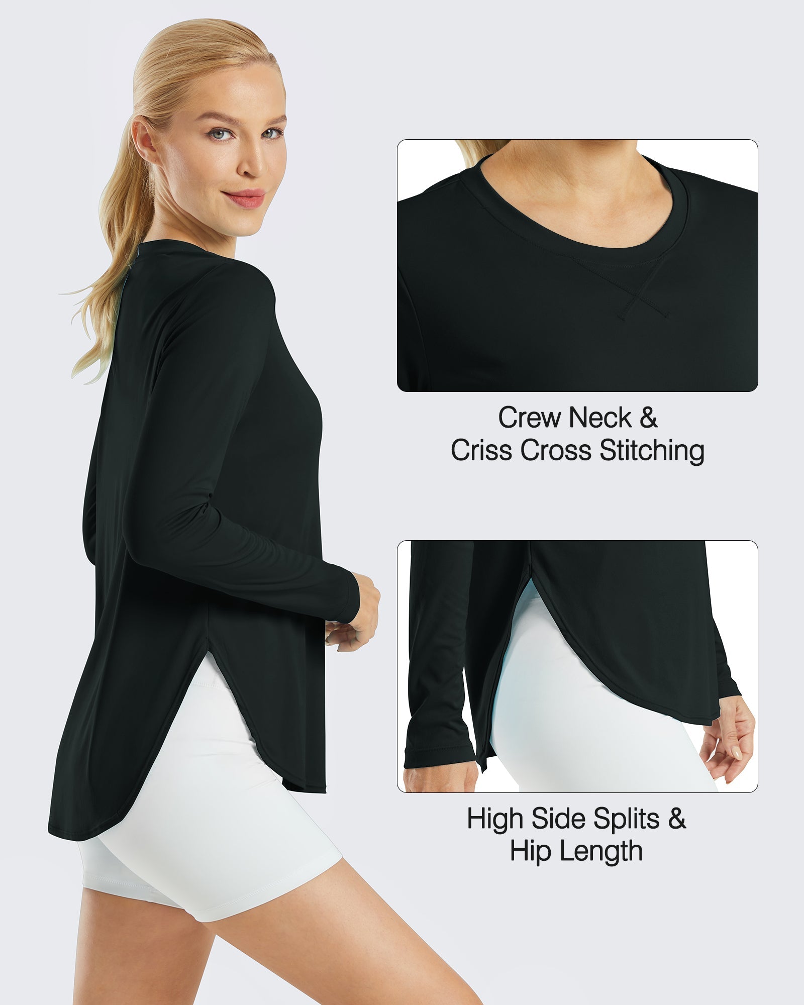 G4Free Activewear Scoop Neck UV Sun Workout Long Sleeve #Black