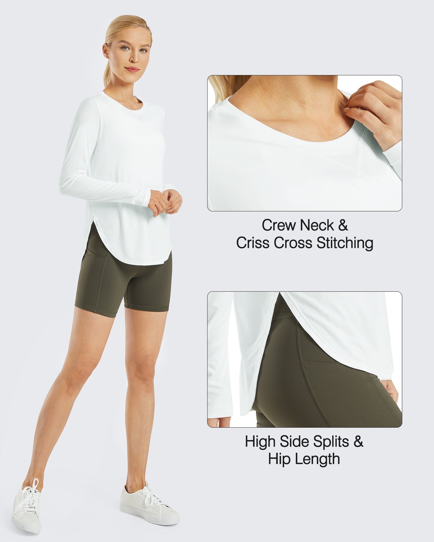 G4Free Activewear Scoop Neck UV Sun Workout Long Sleeve #White