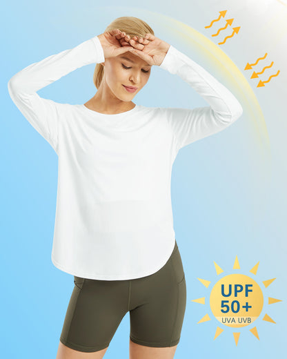G4Free Activewear Scoop Neck UV Sun Workout Long Sleeve #White