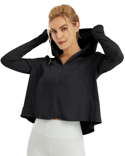 G4Free Activewear UV Sun Crop Zip Hoodie Long Sleeve # Black