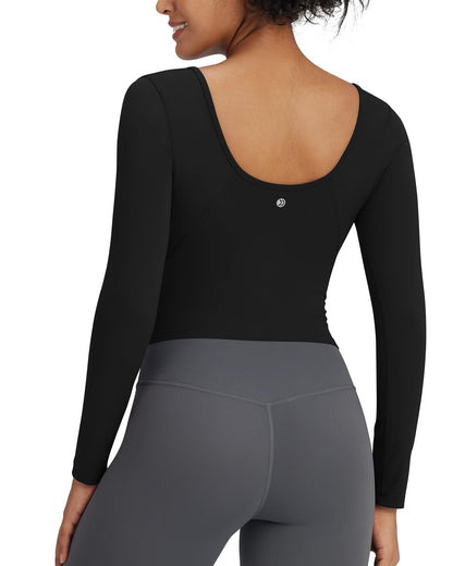 G4Free Activewear Barefeel Slim Scoop Neck Open Back Long Sleeve # Black